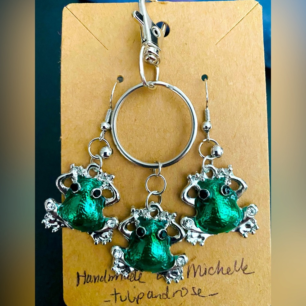 Handmade Green Frog Silver tone Earrings and Keychain Set Approx 1” long